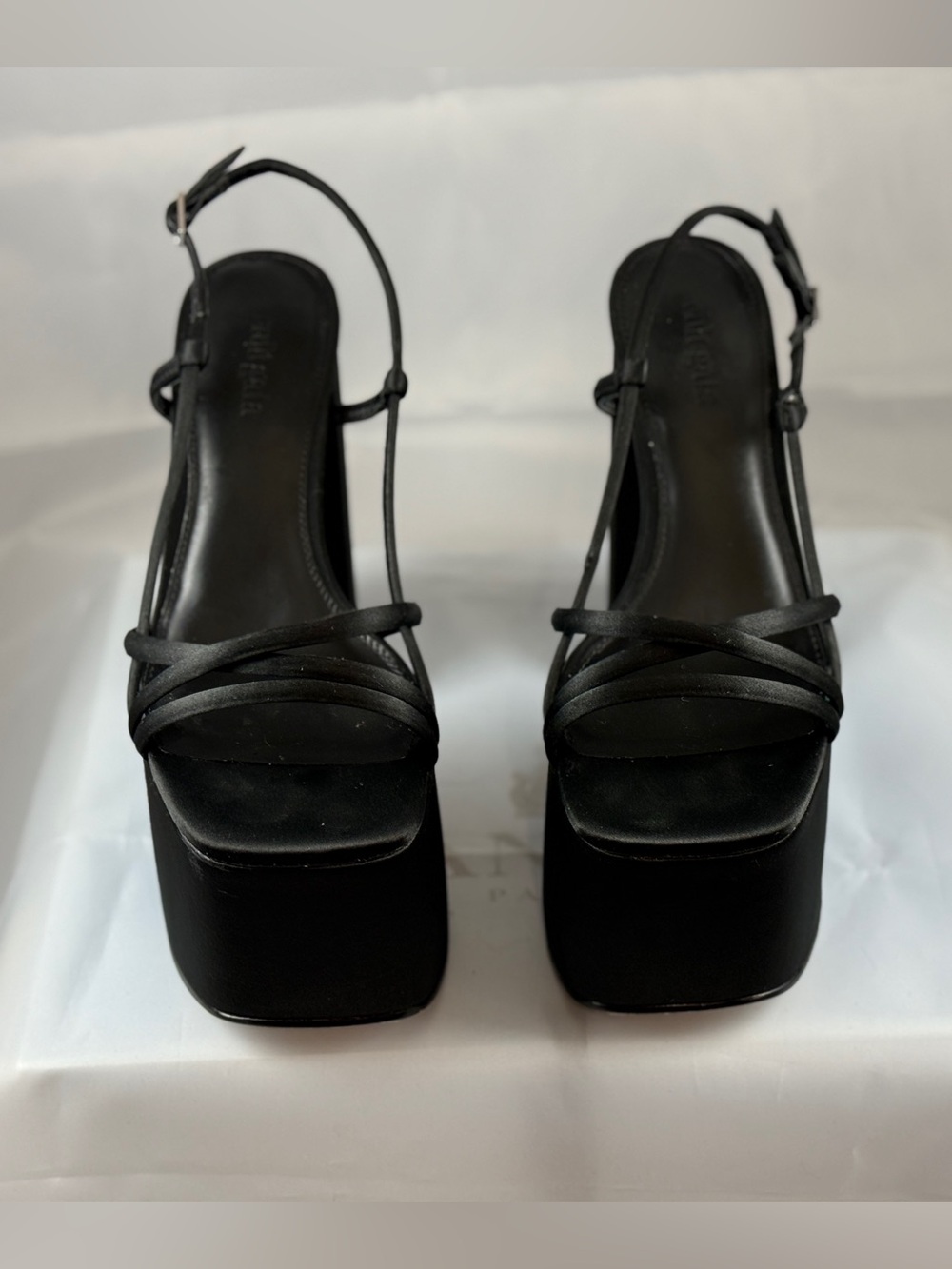 Cult Gaia Black Satin Platform Sandals - Strappy T-Strap Chunky Heel - Picture 4 of 6